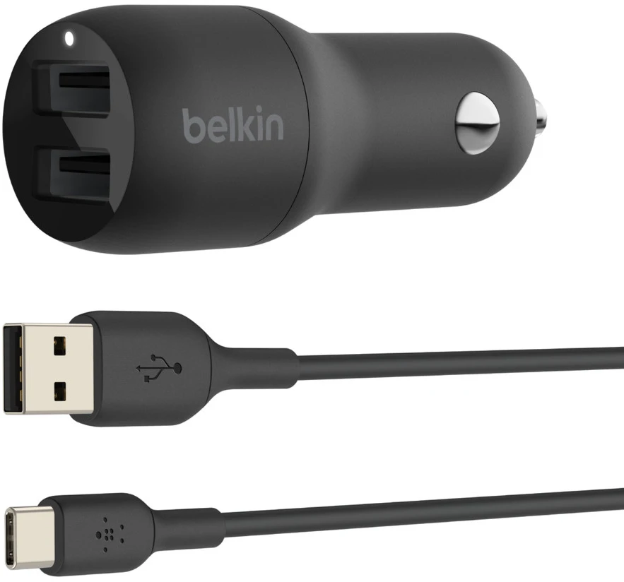 Belkin Dual USB-A automobilinis įkroviklis 24W + USB-A į USB-C laidas BOOST CHARGE Juodas