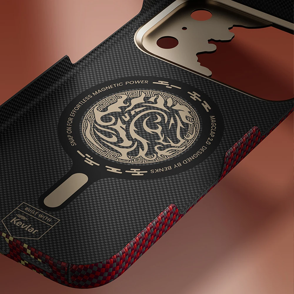 Dėklas Benks Magnetic Armor Air Knight Kevlar metalinis rėmelis (C.K.FL.AP.GD.J072) skirtas iPhone 18 Pro/17 Pro raudonas