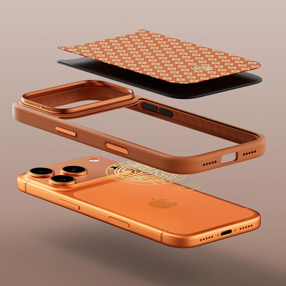 Benks Dėklas Magnetic Armor Pro Armor Grid Kevlar Metal Frame 600D (C.K.FL.AP.GD.F069) skirta Apple iPhone 17 Pro oranžinės spalvoa