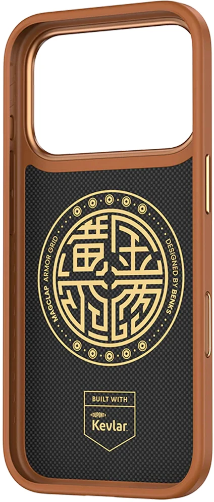 Benks Dėklas Magnetic Armor Pro Armor Grid Kevlar Metal Frame 600D (C.K.FL.AP.GD.F069) skirta Apple iPhone 17 Pro oranžinės spalvoa