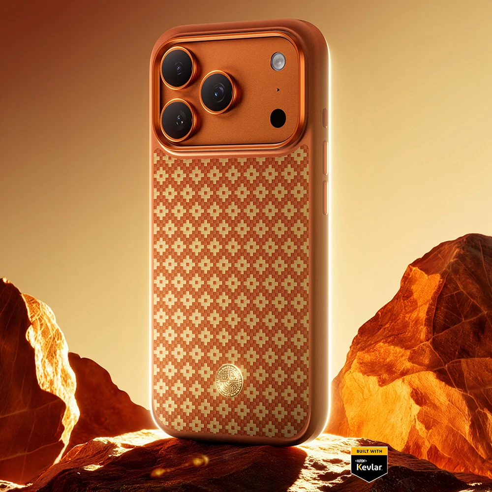 Benks Dėklas Magnetic Armor Pro Armor Grid Kevlar Metal Frame 600D (C.K.FL.AP.GD.F070) skirta iPhone 17 Pro Max oranžinės spalvos