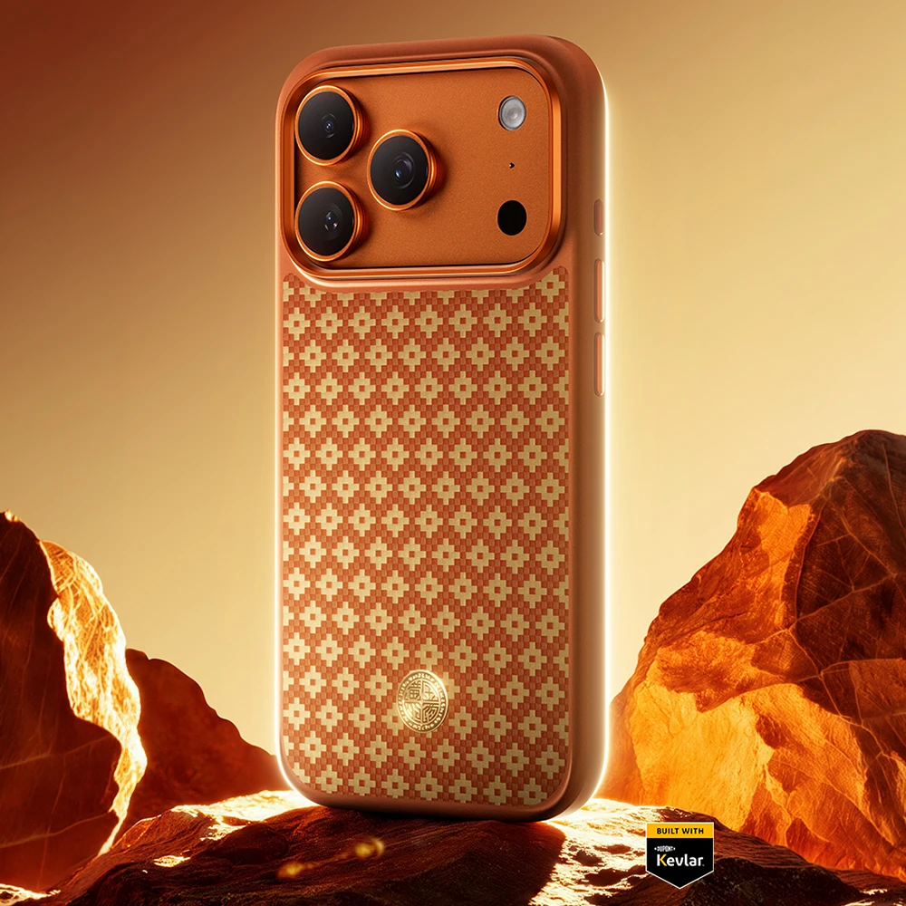 Benks Dėklas Magnetic Armor Pro Armor Grid Kevlar Metal Frame 600D (C.K.FL.AP.GD.F069) skirta Apple iPhone 17 Pro oranžinės spalvoa