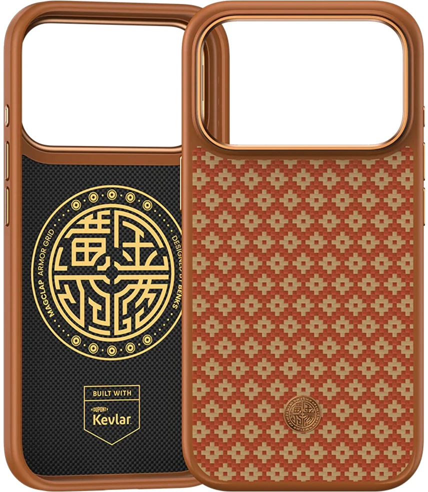 Benks Dėklas Magnetic Armor Pro Armor Grid Kevlar Metal Frame 600D (C.K.FL.AP.GD.F069) skirta Apple iPhone 17 Pro oranžinės spalvoa