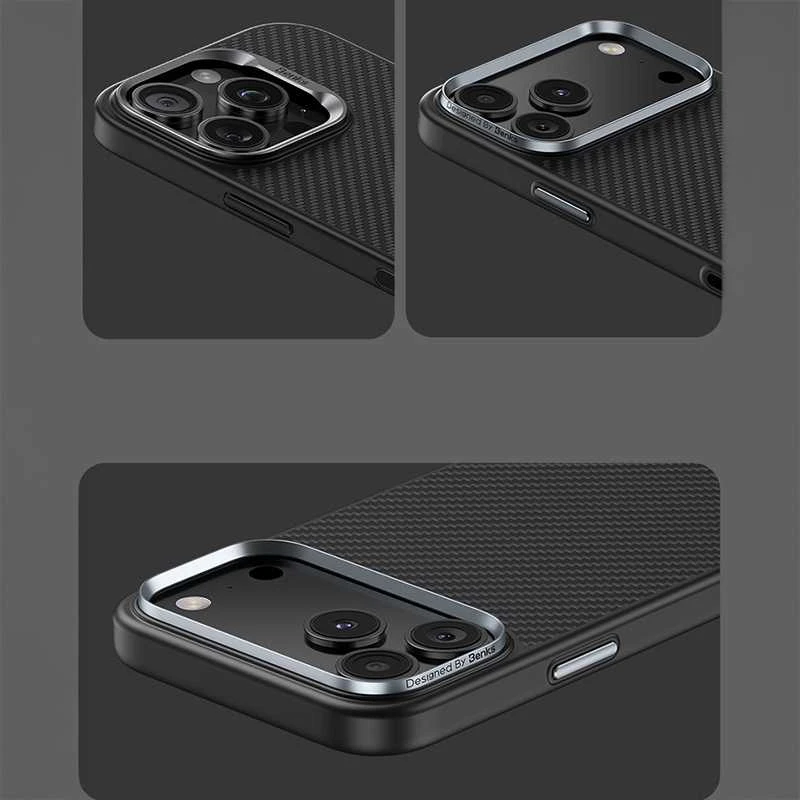 Benks Dėklas Magnetic Armor Pro Kevlar Metal Frame 600D (A070) skirtas Apple iPhone 17 Pro Max juodos spalvos (Camera Control Button)