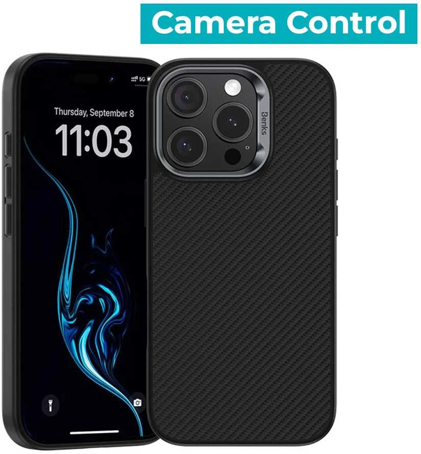 Benks Dėklas Magnetic Armor Pro Kevlar Metal Frame 600D (AD66), skirtas iPhone 16 Pro Max, juodos spalvos (Camera Control Button)