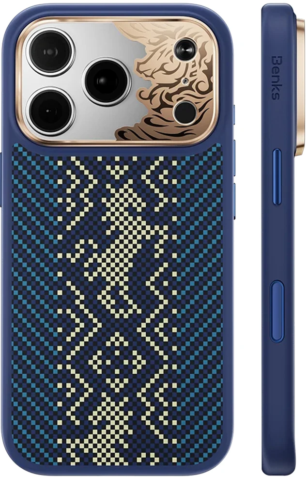 Benks Dėklas Magnetic Armor Pro Knight Kevlar Metal Frame (C.K.FL.AP.GD.BC72) do Iphone 18 Pro/17 Pro mėlyna (Camera Control Button)