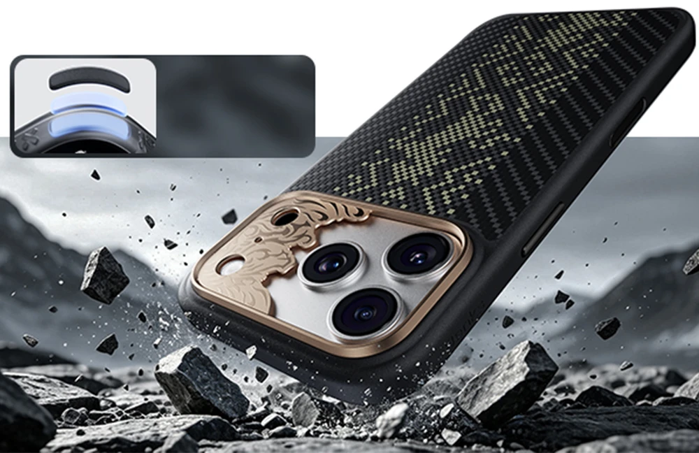 Benks Dėklas Magnetic Armor Pro Knight Kevlar Metal Frame (C.K.FL.AP.GD.B072) do Iphone 18 Pro/17 Pro juoda (Camera Control Button)
