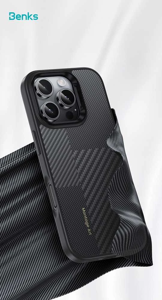 Benks Dėklas Montage Magnetic Armor Pro Kevlar Metal Frame 600D+1500D (MF65) skirtas Apple iPhone 16 Pro juodos spalvos (Camera Control Button)