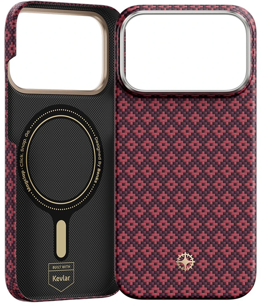 Benks Magnetic Armor Air Armor Grid Kevlar metalinis rėmelis 600D (C.K.FL.AP.JX.0073) dėklas, skirtas iPhone 18 Pro Max/17 Pro Max, bordo spalvos