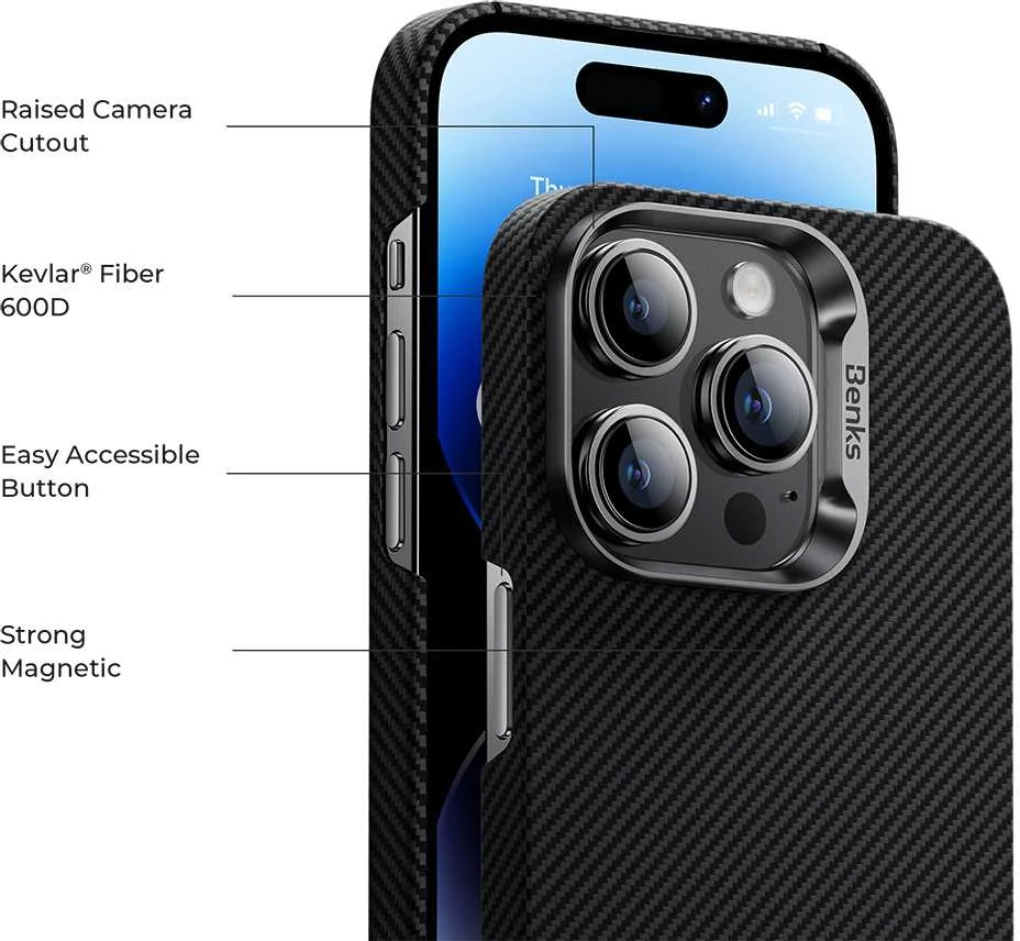 Benks Magnetic Armor Air Kevlar dėklas Metal Frame 600D Apple iPhone 15 Plus juodos spalvos