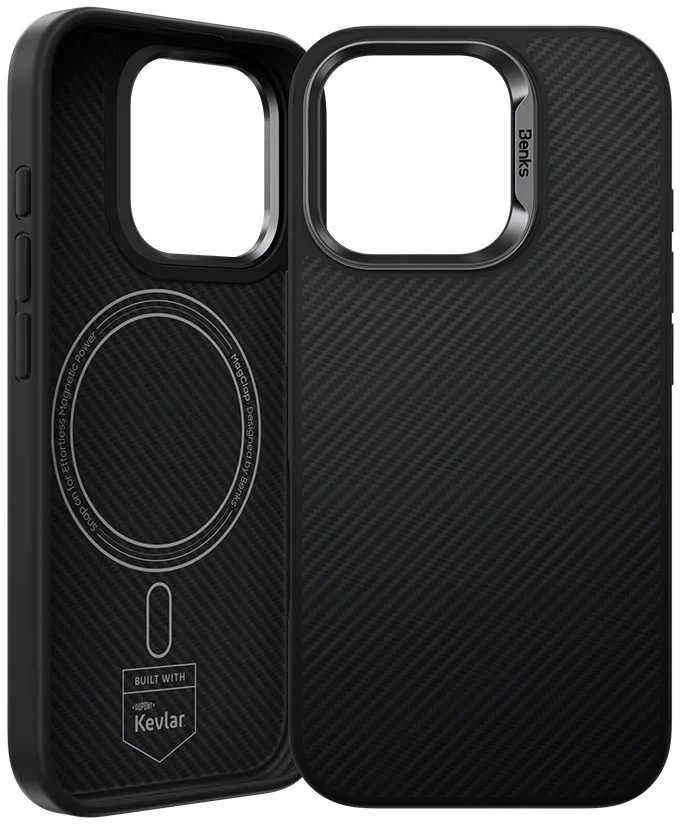 Benks Magnetic Armor Pro Camera Control Kevlar Case Metal Frame 600D (D065) Apple iPhone 16 Pro dėklas telefonui juodos spalvos