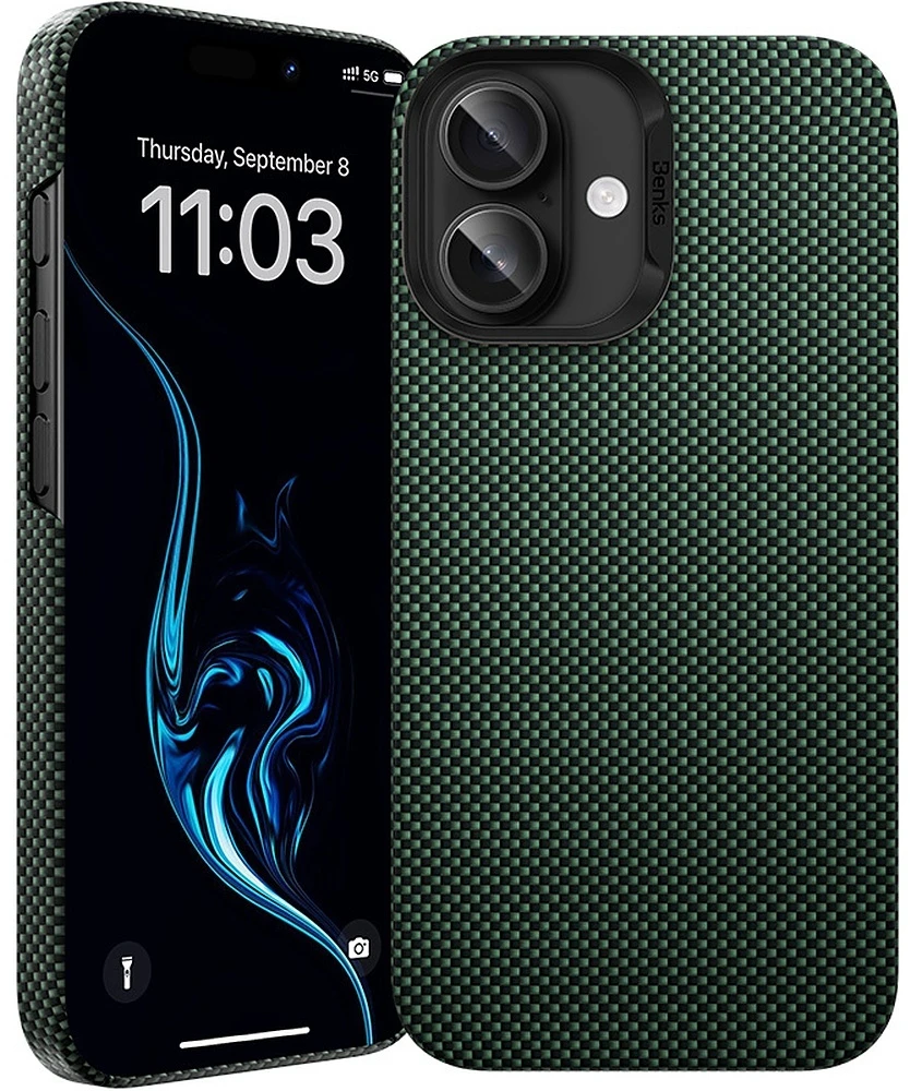 Dėklas Benks Magnetic Armor Tint Kevlar 1000D (0064) skirtas iPhone 16 Plus žalias