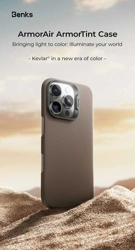 Dėklas Benks Magnetic Armor Tint Kevlar 1000D (S063) skirtas Apple iPhone 16 aukso spalvos
