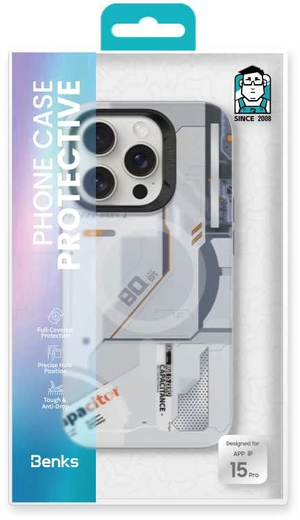Benks Magnetic Mecha Series dėklas skirtas iPhone 15 Pro Max baltos spalvos