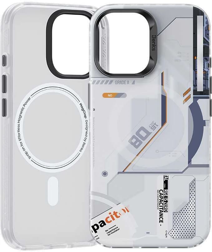 Benks Magnetic Mecha Series dėklas skirtas Apple iPhone 16 Plus baltos spalvos