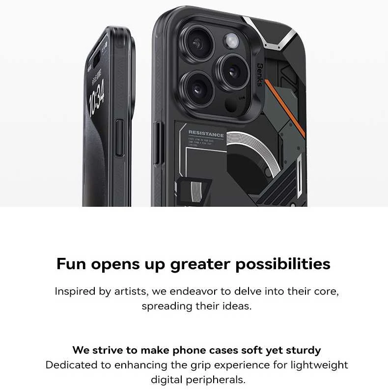 Benks Magnetic Mecha Series dėklas skirtas Apple iPhone 15 Pro baltos spalvos