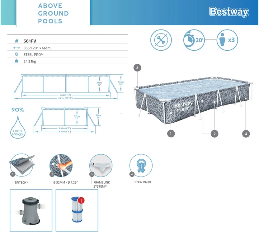 Bestway RĖMO baseinas 366 cm x 201 cm x 66 cm 7in1 561FV