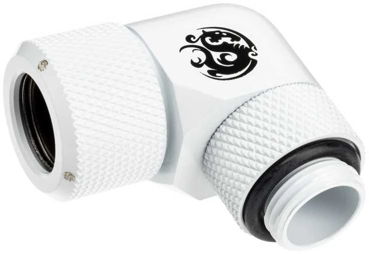 „Bitspower Advanced Multi-Link“ adapteris, 90 laipsnių G1/4 colio išorinis sriegis ir 12 mm išorinio skersmens kietas vamzdis, pasukamas