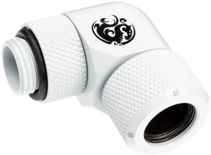 „Bitspower Advanced Multi-Link“ adapteris, 90 laipsnių G1/4 colio išorinis sriegis ir 12 mm išorinio skersmens kietas vamzdis, pasukamas