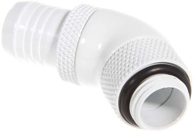 Bitspower jungtis, 45 laipsnių, G1/4 colio AG – 13 mm ID – pasukama, balta
