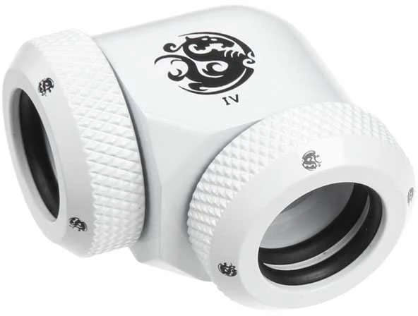 „Bitspower“ daugiasvirtis adapteris 90 laipsnių kampu nuo 12 mm išorinio skersmens iki 12 mm išorinio skersmens, kietojo vamzdžio – baltas