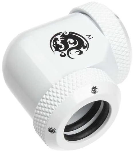 „Bitspower“ daugiasvirtis adapteris 90 laipsnių kampu nuo 12 mm išorinio skersmens iki 12 mm išorinio skersmens, kietojo vamzdžio – baltas