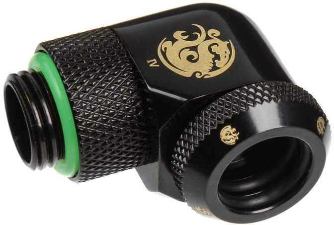 „Bitspower“ daugiajungtis adapteris, 90 laipsnių G1/4 colio vidinis sriegis ir 12 mm išorinio skersmens kietas vamzdis - pasukamas, juodas