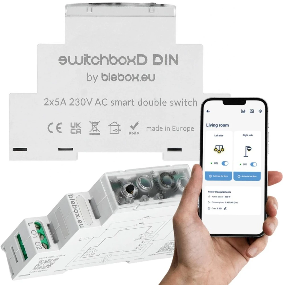 BleBox SwitchBoxD DIN - 2 kanalų relė 230 V WiFi - Android / iOS programa