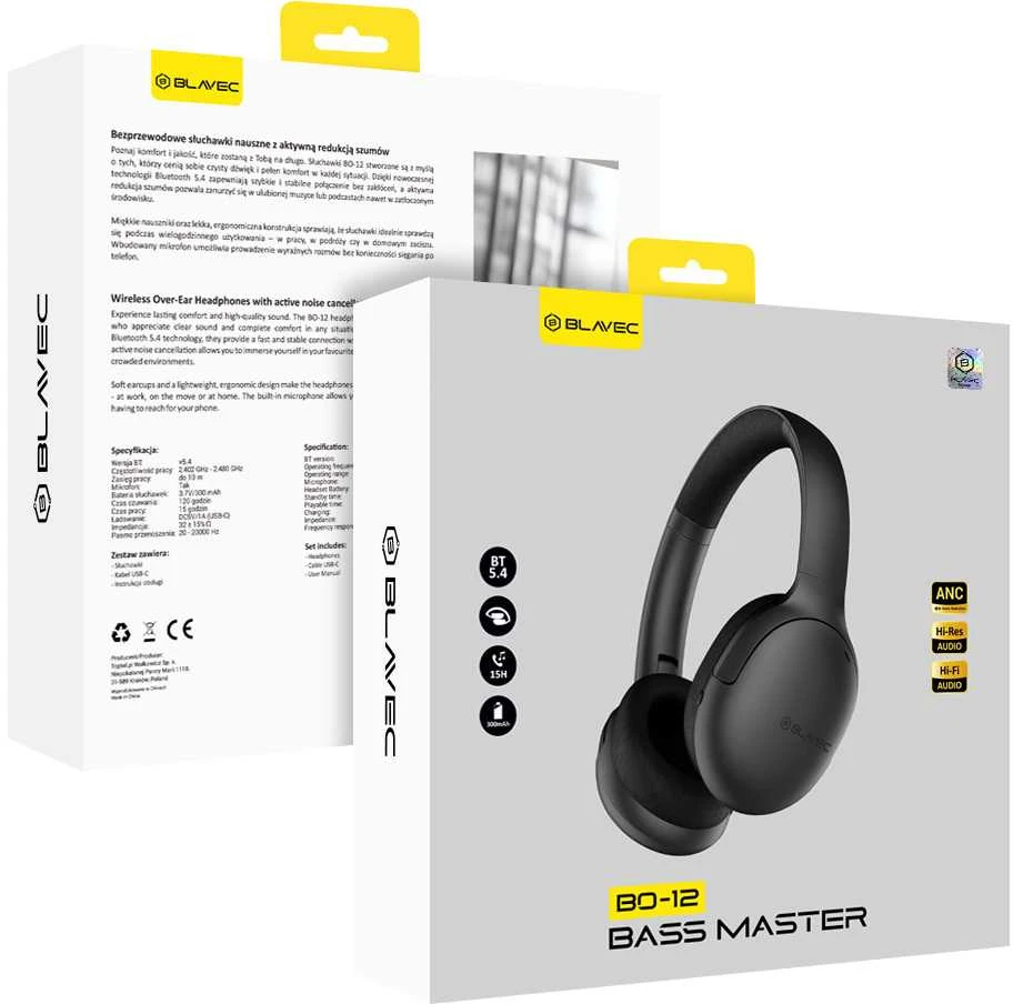 Oem Blavec ausines Bluetooth BO-12 Bass Master ANC (BO12-B) juodos spalvos
