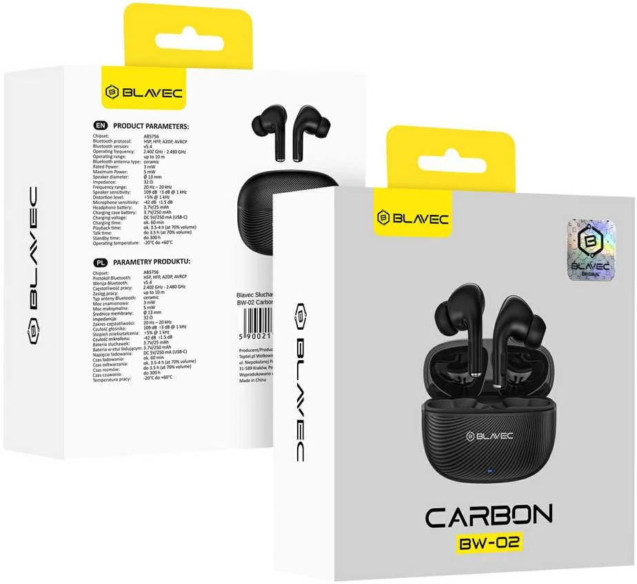 Blavec ausinės Bluetooth TWS BW-02 Carbon (BW02-B) juodos spalvos