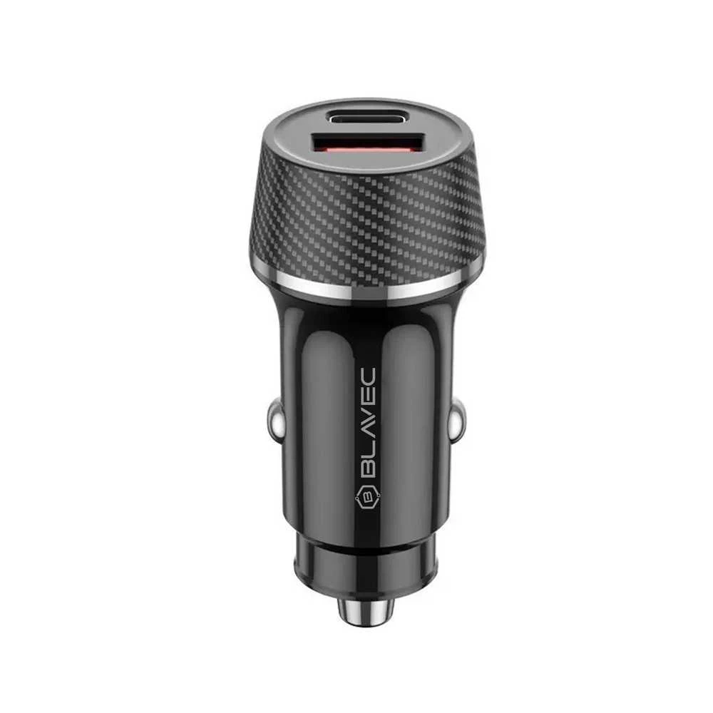 Blavec autmobilinis įkroviklis BS-03B-C Carbon – USB + Typ C – QC 3.0 18W PD 30W su kablem Typ C na Typ C (CCBS03BC-UCB) juodos spalvos