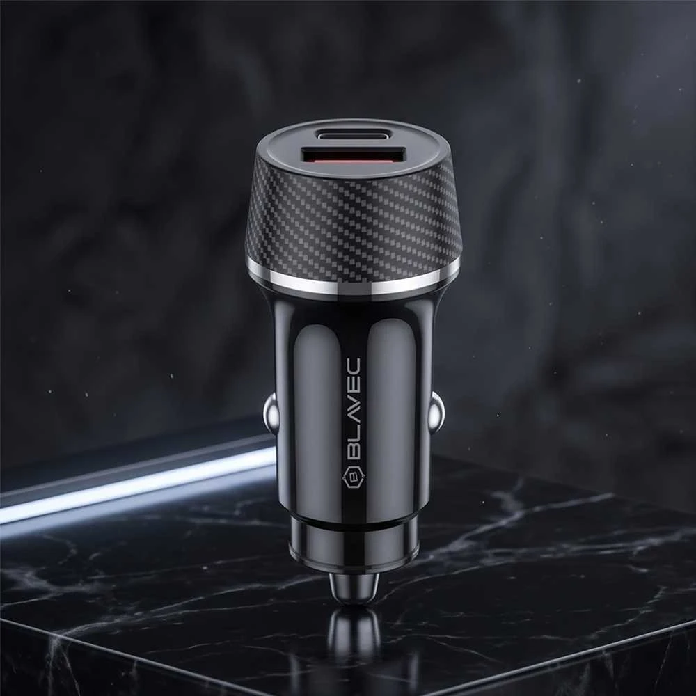 Blavec autmobilinis įkroviklis BS-03B-C Carbon – USB + Typ C – QC 3.0 18W PD 30W su kablem Typ C na Typ C (CCBS03BC-UCB) juodos spalvos