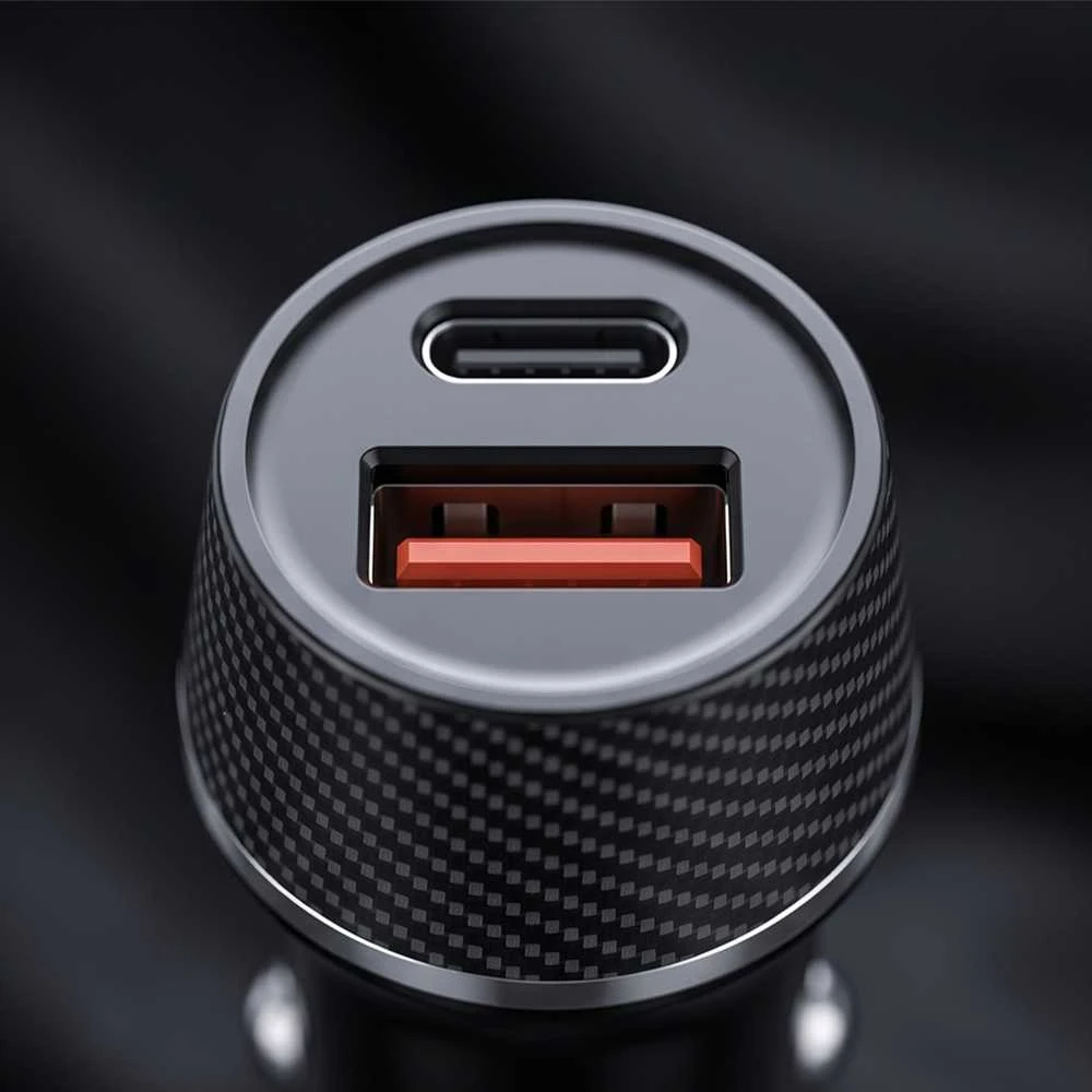 Blavec autmobilinis įkroviklis BS-03B-C Carbon – USB + Typ C – QC 3.0 18W PD 30W su kablem Typ C na Typ C (CCBS03BC-UCB) juodos spalvos
