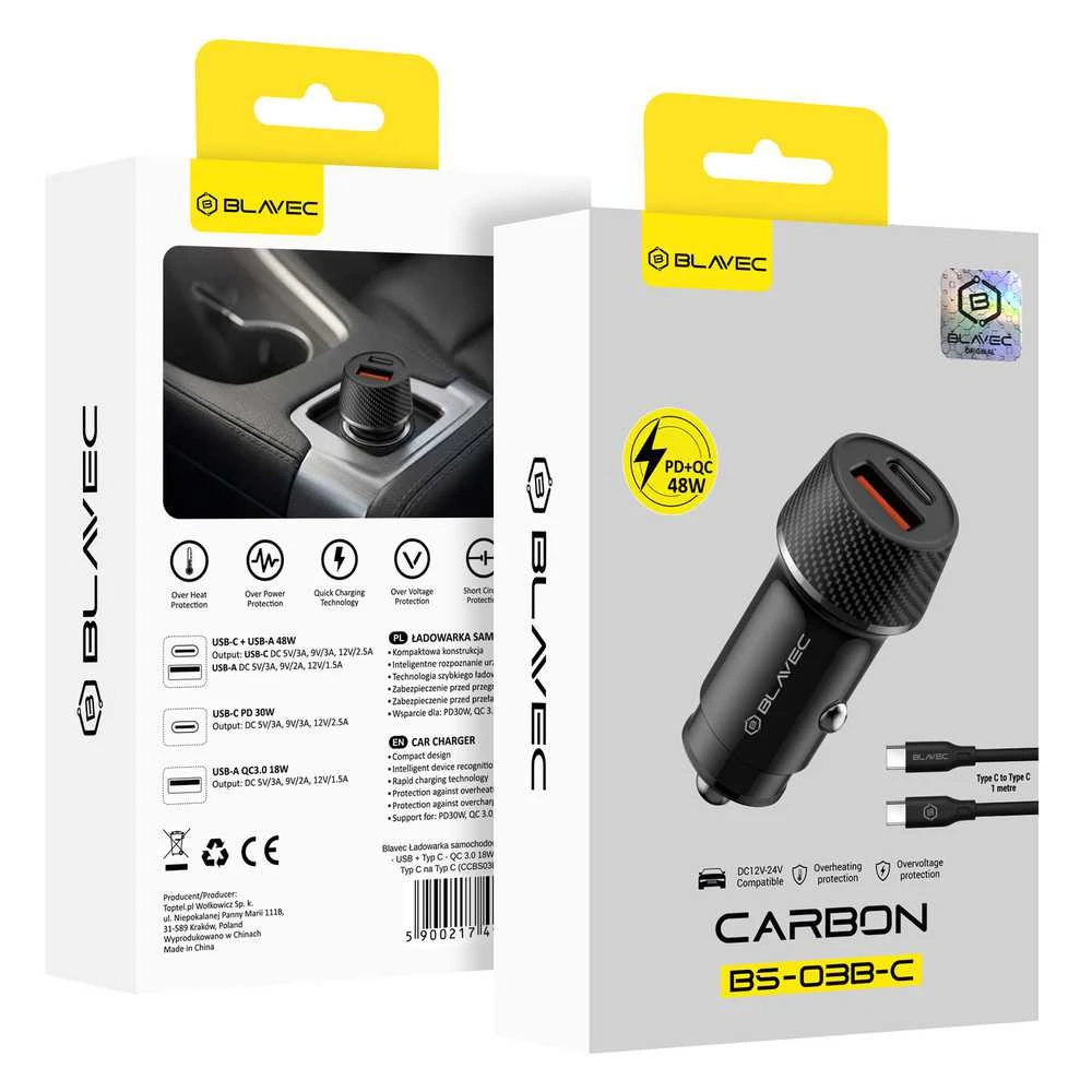 Blavec autmobilinis įkroviklis BS-03B-C Carbon – USB + Typ C – QC 3.0 18W PD 30W su kablem Typ C na Typ C (CCBS03BC-UCB) juodos spalvos