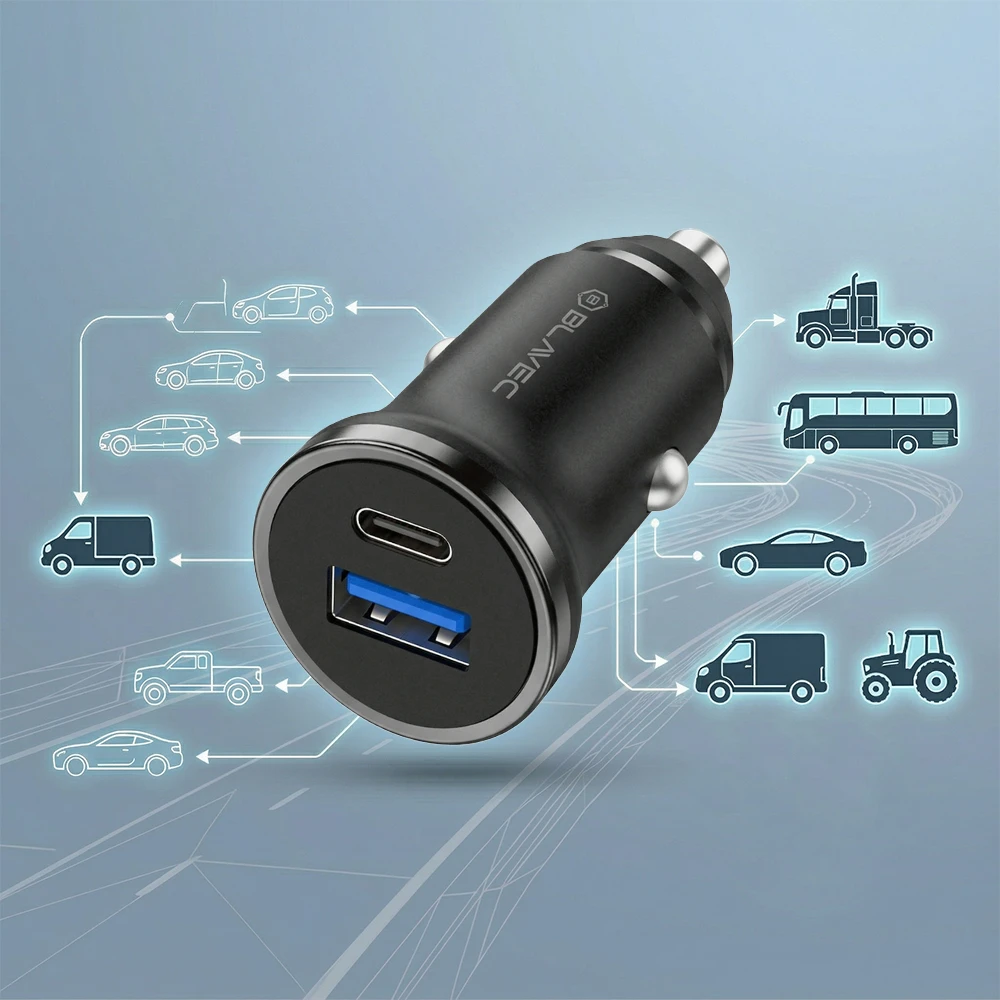 Blavec Automobilinis įkroviklis BS-01B-C Road – USB + Type C – QC 3.0 18W PD 20W su Type C į Type C kabeliu (CCBS01BCR-UCB) juodos spalvos