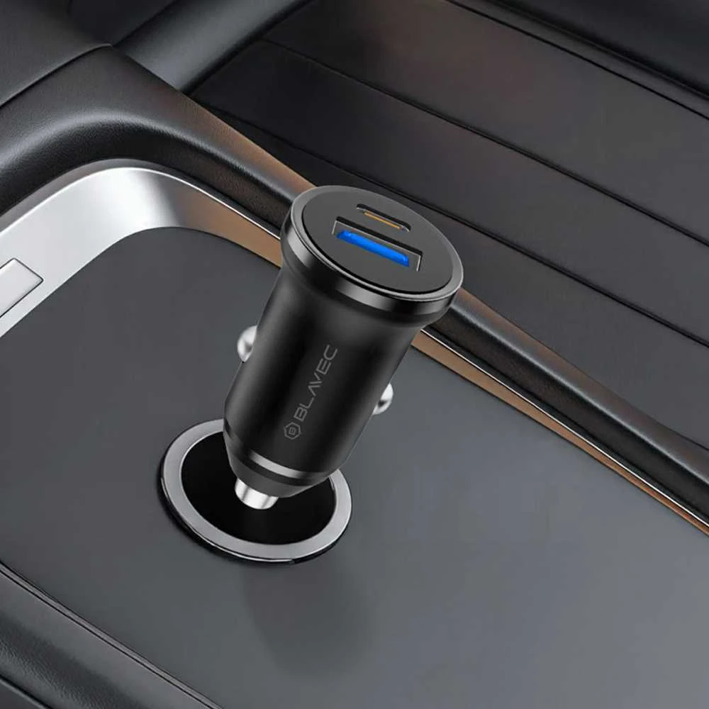 Blavec Automobilinis įkroviklis BS-01B-C Road – USB + Type C – QC 3.0 18W PD 20W su Type C į Type C kabeliu (CCBS01BCR-UCB) juodos spalvos
