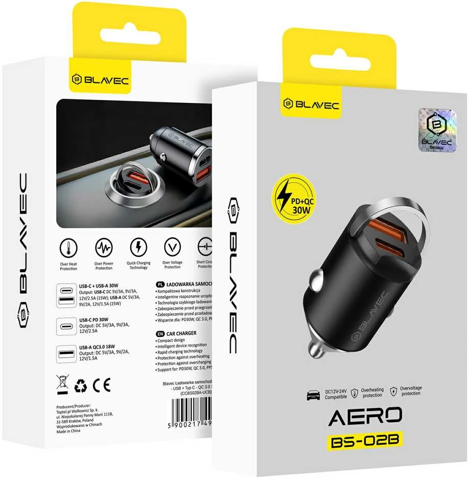 Blavec automobilinis įkroviklis BS-02B Aero – USB + Type C – QC 3.0 18W PD 30W (CCBS02BA-UCB) juodos spalvos