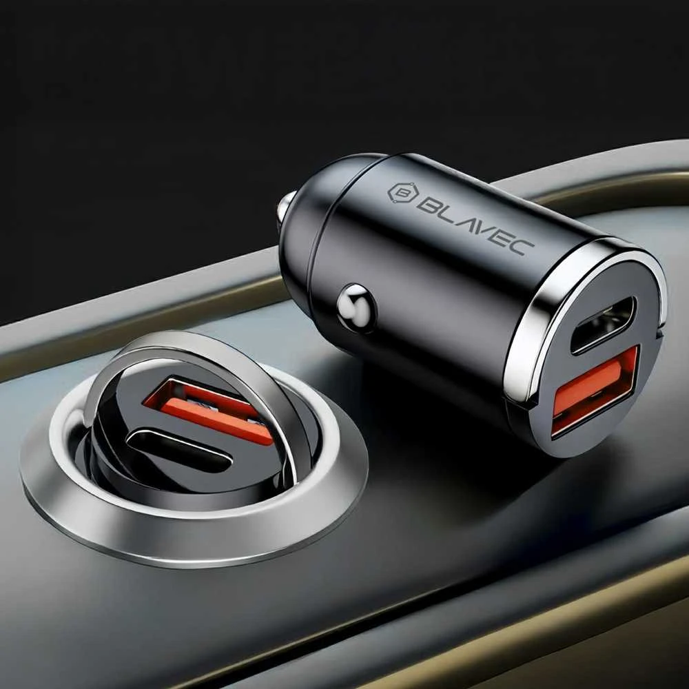 Blavec automobilinis įkroviklis BS-02B Aero – USB + Type C – QC 3.0 18W PD 30W (CCBS02BA-UCB) juodos spalvos