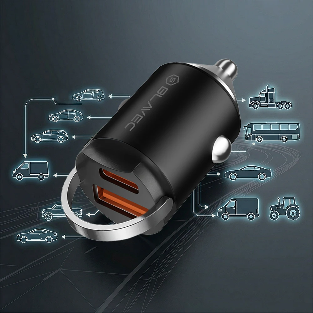 Blavec automobilinis įkroviklis BS-02B Aero – USB + Type C – QC 3.0 18W PD 30W (CCBS02BA-UCB) juodos spalvos
