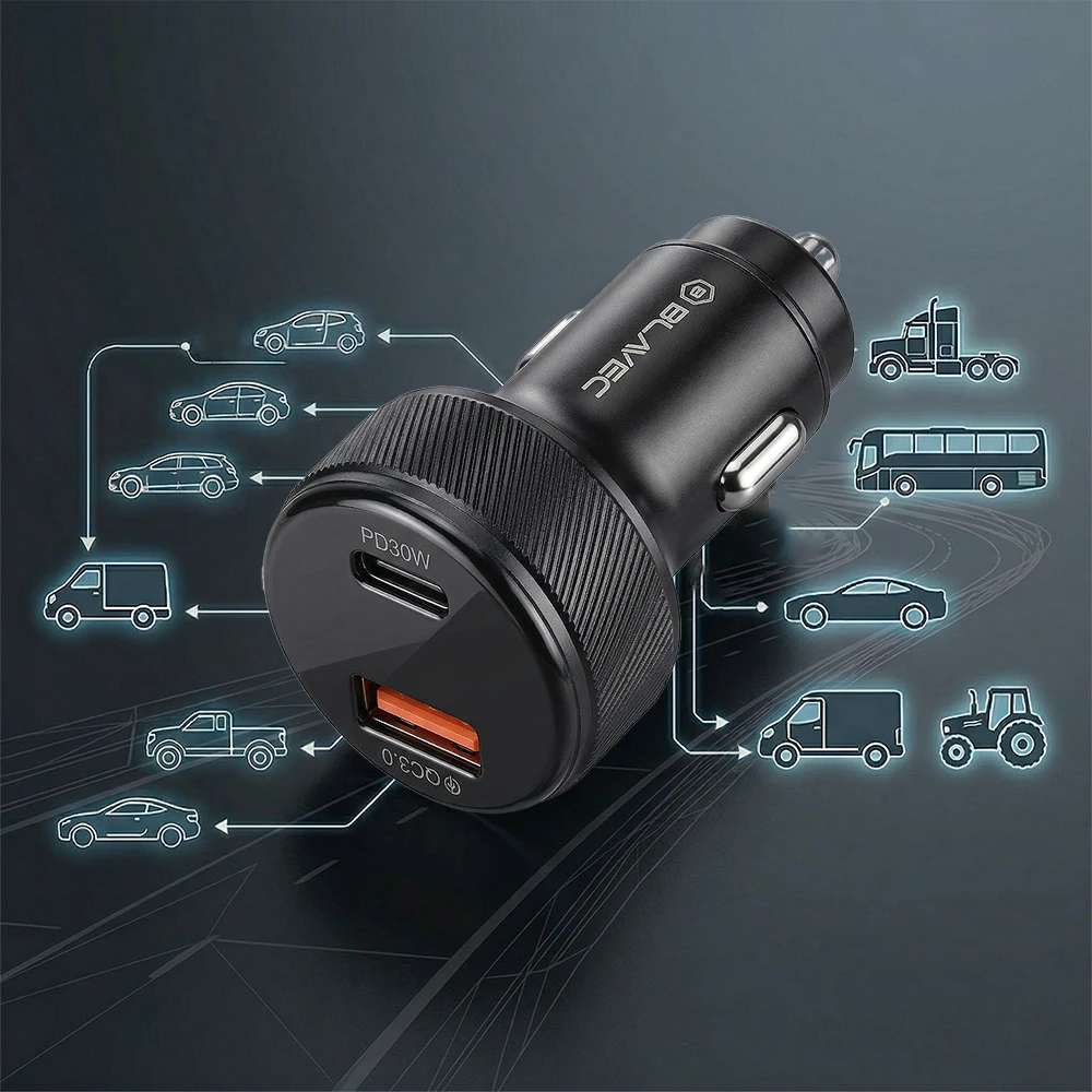 Blavec Automobilinis įkroviklis BS-04B-C Volt – USB + Type C – QC 3.0 18W PD 30W su Type C į Type C kabeliu (CCBS04BCV-UCB) juodos spalvos