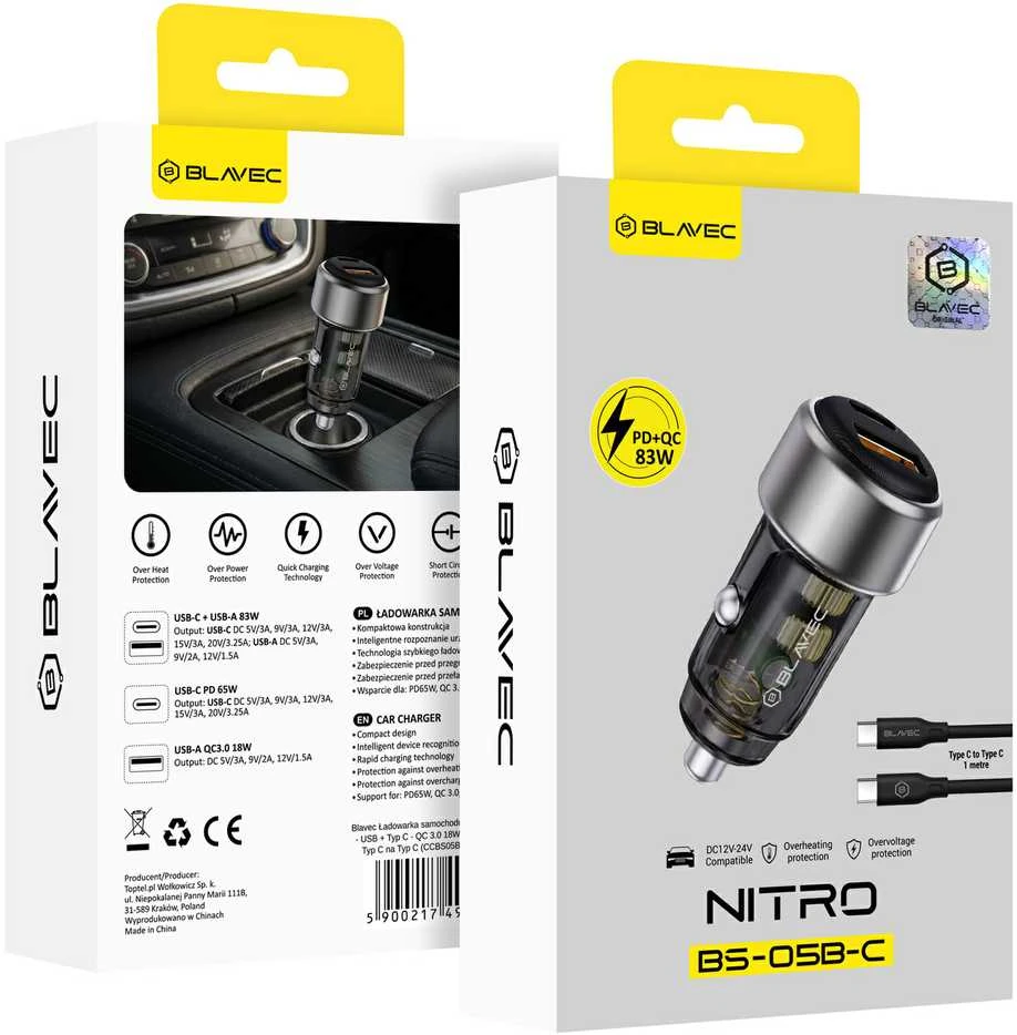 Blavec Automobilinis įkroviklis BS-05B-C Nitro – USB + Type C – QC 3.0 18W PD 65W su Type C į Type C kabeliu (CCBS05BCN-UCB) juodos spalvos
