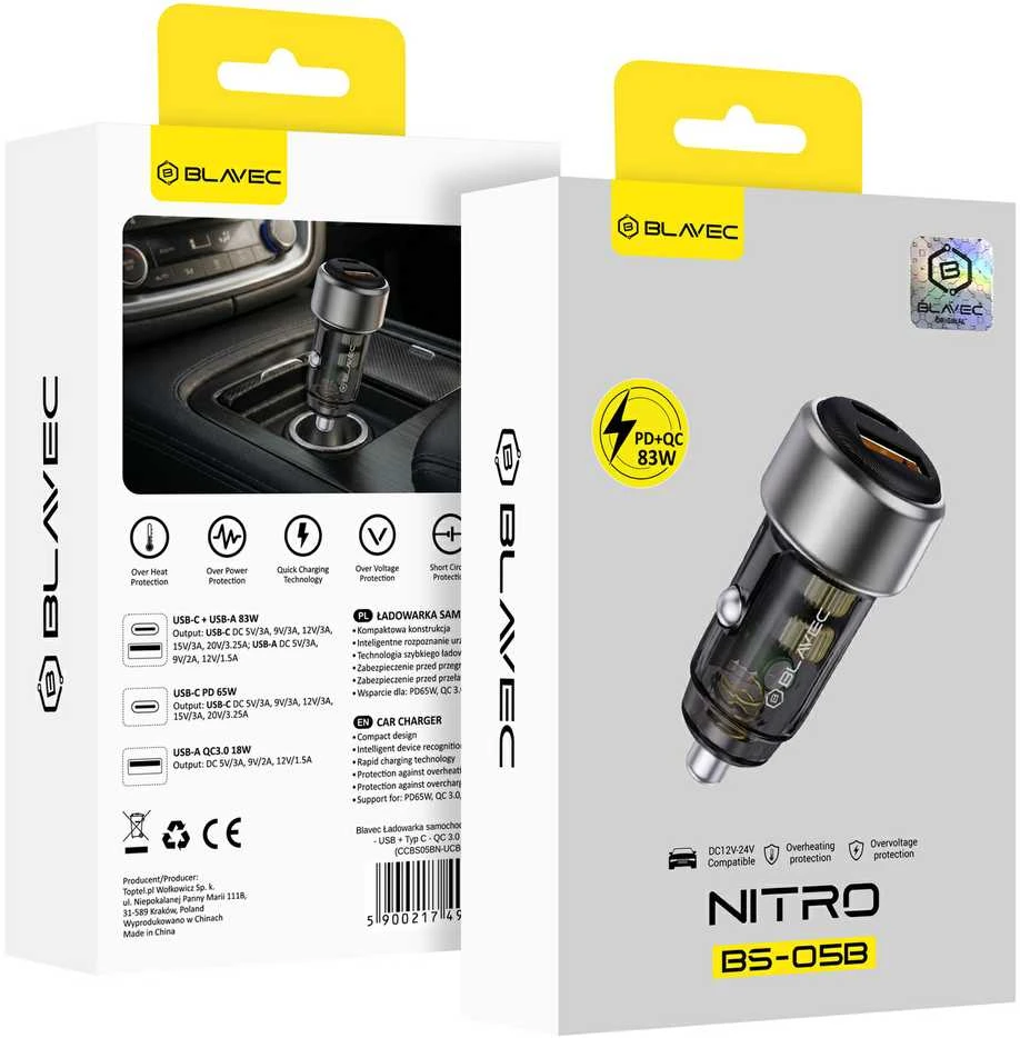 Blavec Automobilinis įkroviklis BS-05B Nitro – USB + Type C – QC 3.0 18W PD 65W (CCBS05BN-UCB) juodos spalvos