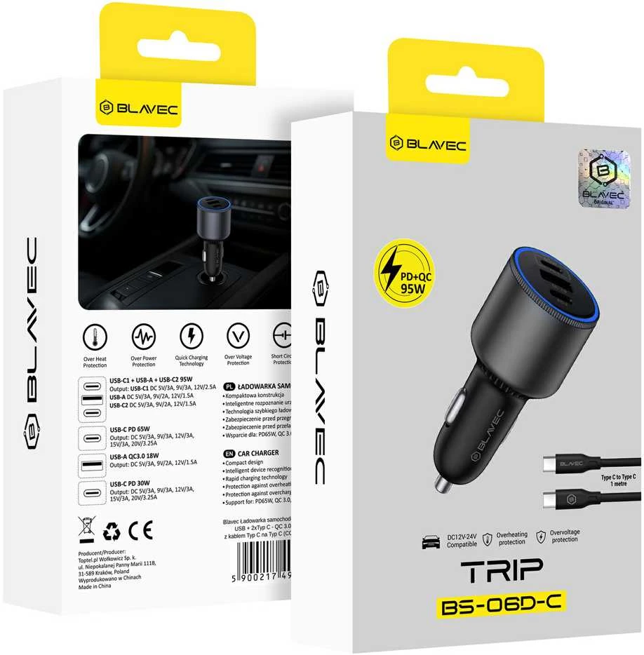 Blavec Automobilinis įkroviklis BS-06D-C Trip – USB + 2xType C – QC 3.0 18W PD 65W su Type C į Type C (CCBS06DCQ-U2CB) juodos spalvos