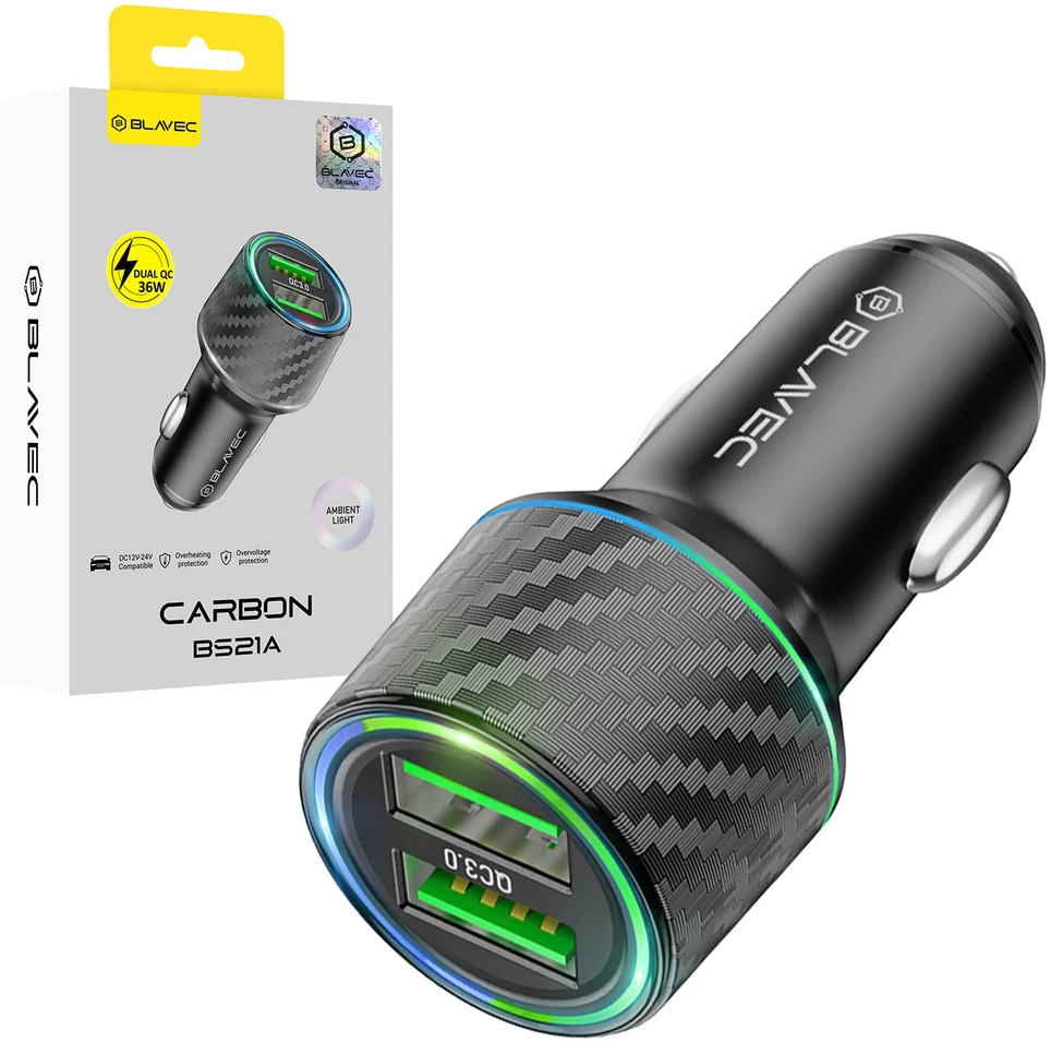 Oem Blavec Automobilinis įkroviklis BS-21A Carbon – 2xUSB – QC 3.0 36W 3A (CCBS21AC-2UB36) juodas