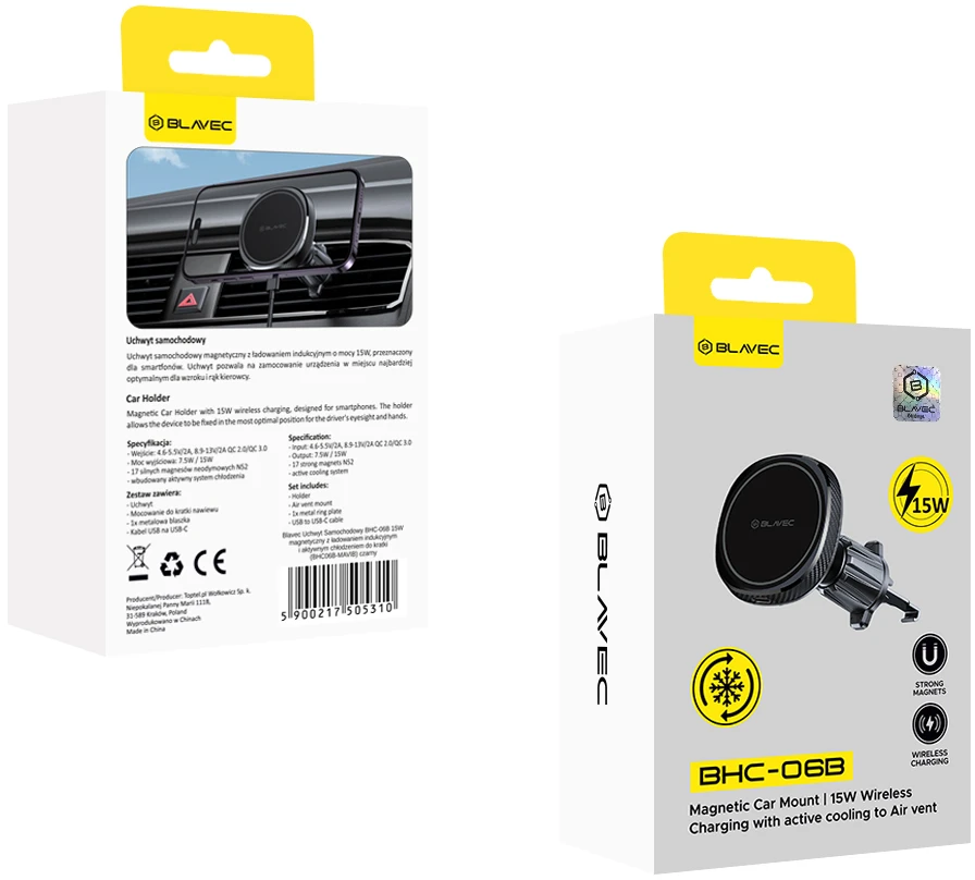 Blavec automobilinis telefono laikiklis BHC-06B 15W magnetinis su belaidžiu įkrovimu ir aktyviu aušinimu (BHC06B-MAVIB) juodos spalvos