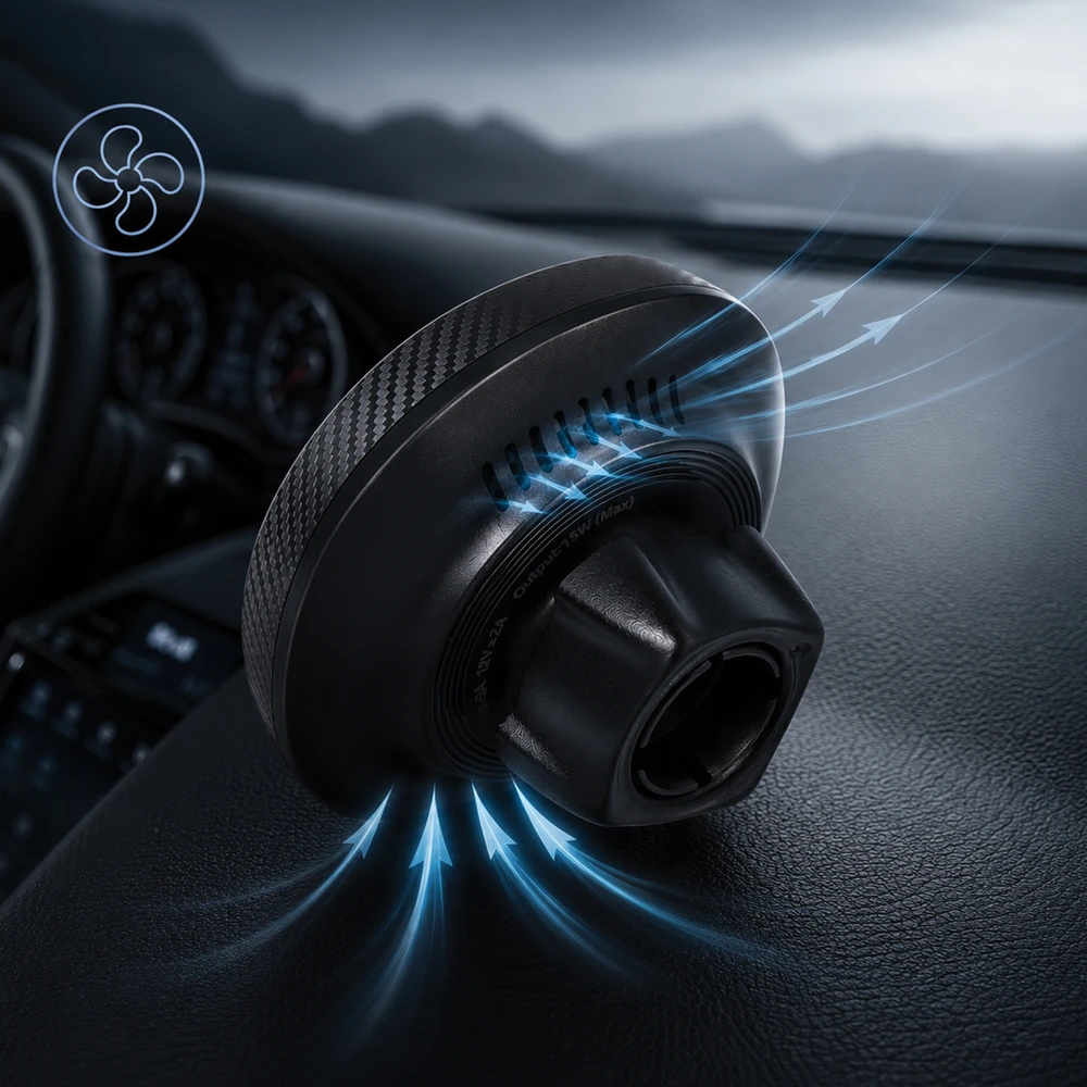 Blavec automobilinis telefono laikiklis BHC-06A 15W magnetinis su belaidžiu įkrovimu ir aktyviu aušinimu BHC06A-MWIB) juodos spalvos
