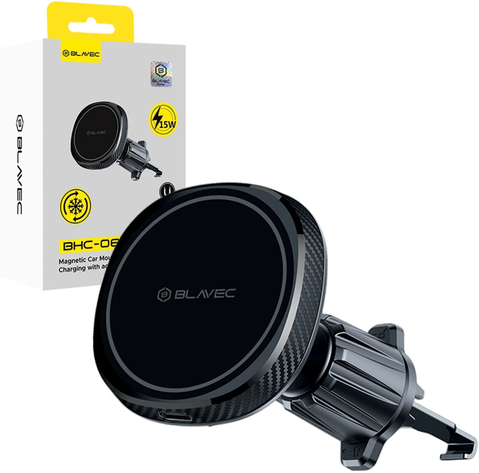 Blavec automobilinis telefono laikiklis BHC-06B 15W magnetinis su belaidžiu įkrovimu ir aktyviu aušinimu (BHC06B-MAVIB) juodos spalvos