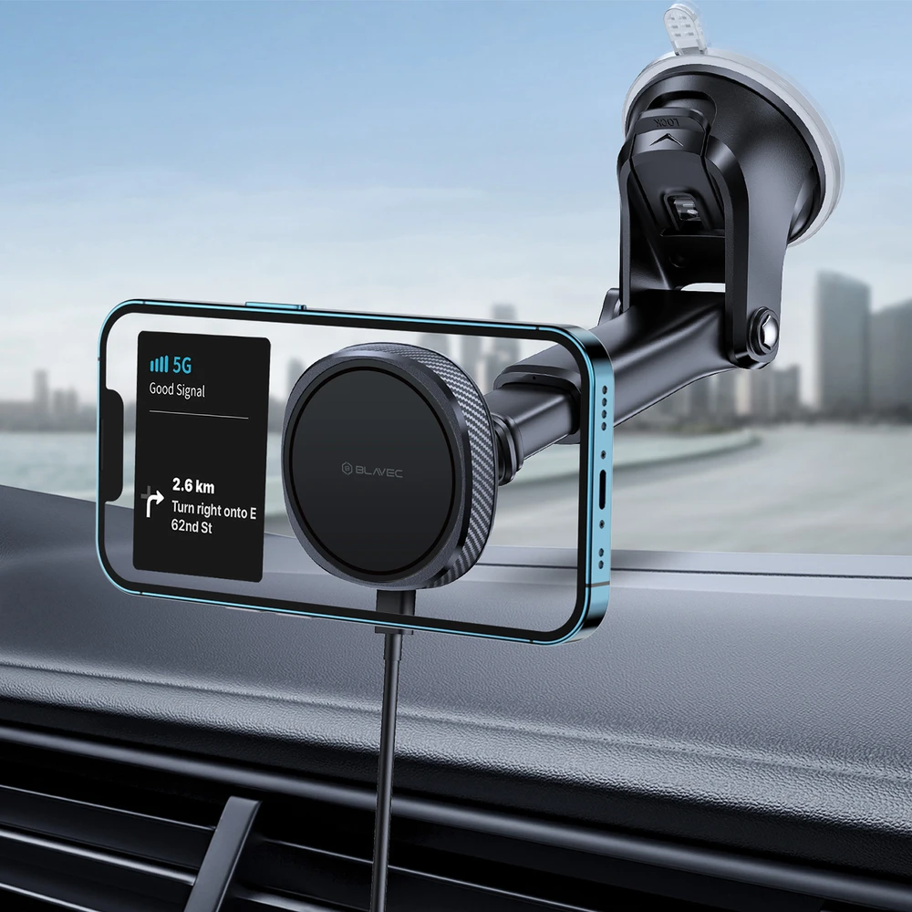 Blavec automobilinis telefono laikiklis BHC-06A 15W magnetinis su belaidžiu įkrovimu ir aktyviu aušinimu BHC06A-MWIB) juodos spalvos