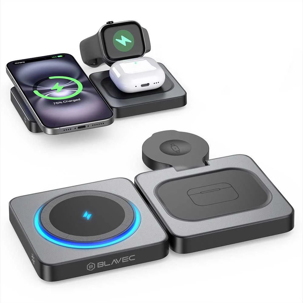 Blavec belaidis įkroviklis BQI-04 Qi 15W magnetic Magsafe 3 in 1 UniCharge (BQI04-QIMB) juodos spalvos