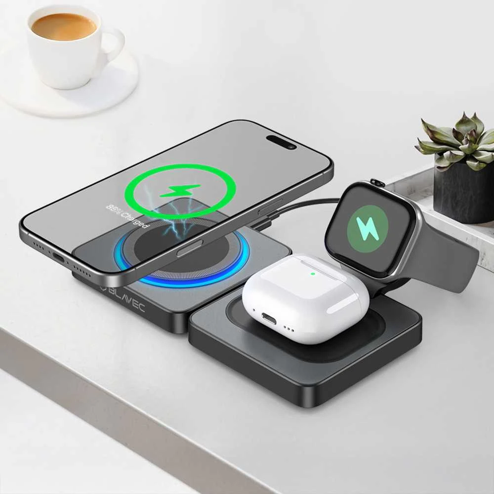 Blavec belaidis įkroviklis BQI-04 Qi 15W magnetic Magsafe 3 in 1 UniCharge (BQI04-QIMB) juodos spalvos